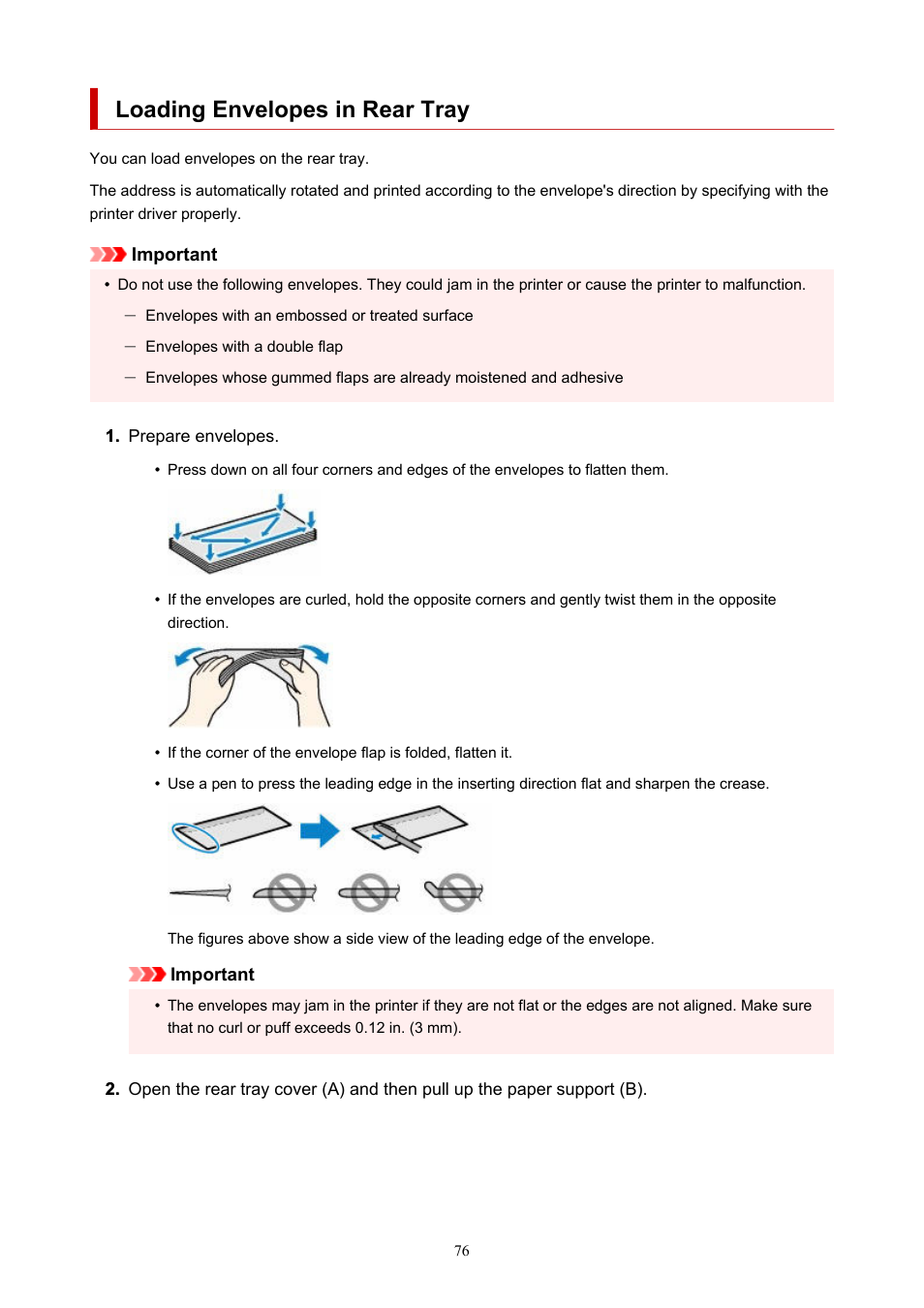 Loading envelopes in rear tray | Canon MAXIFY GX5020 Wireless MegaTank Inkjet Color Printer User Manual | Page 76 / 325