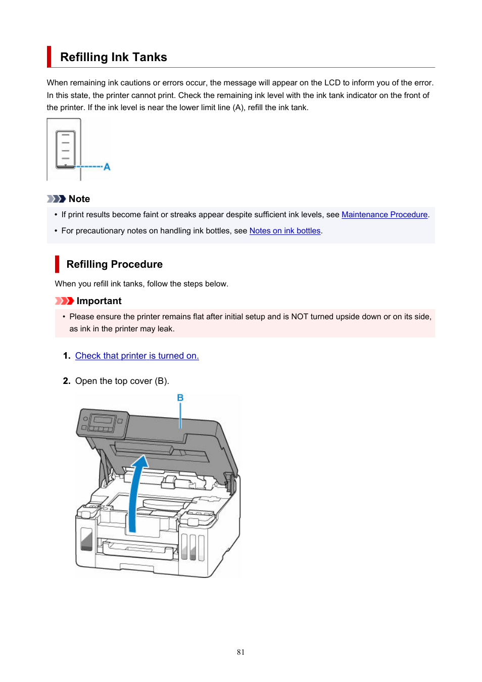 Refilling ink tanks | Canon MAXIFY GX5020 Wireless MegaTank Inkjet Color Printer User Manual | Page 81 / 325