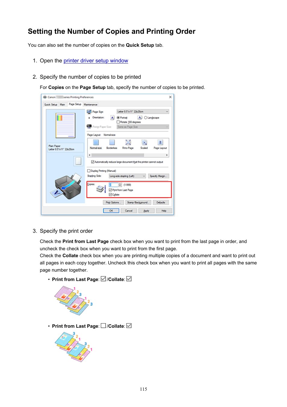 Setting the number of copies and printing order | Canon PIXMA TS202 Inkjet Printer User Manual | Page 115 / 245