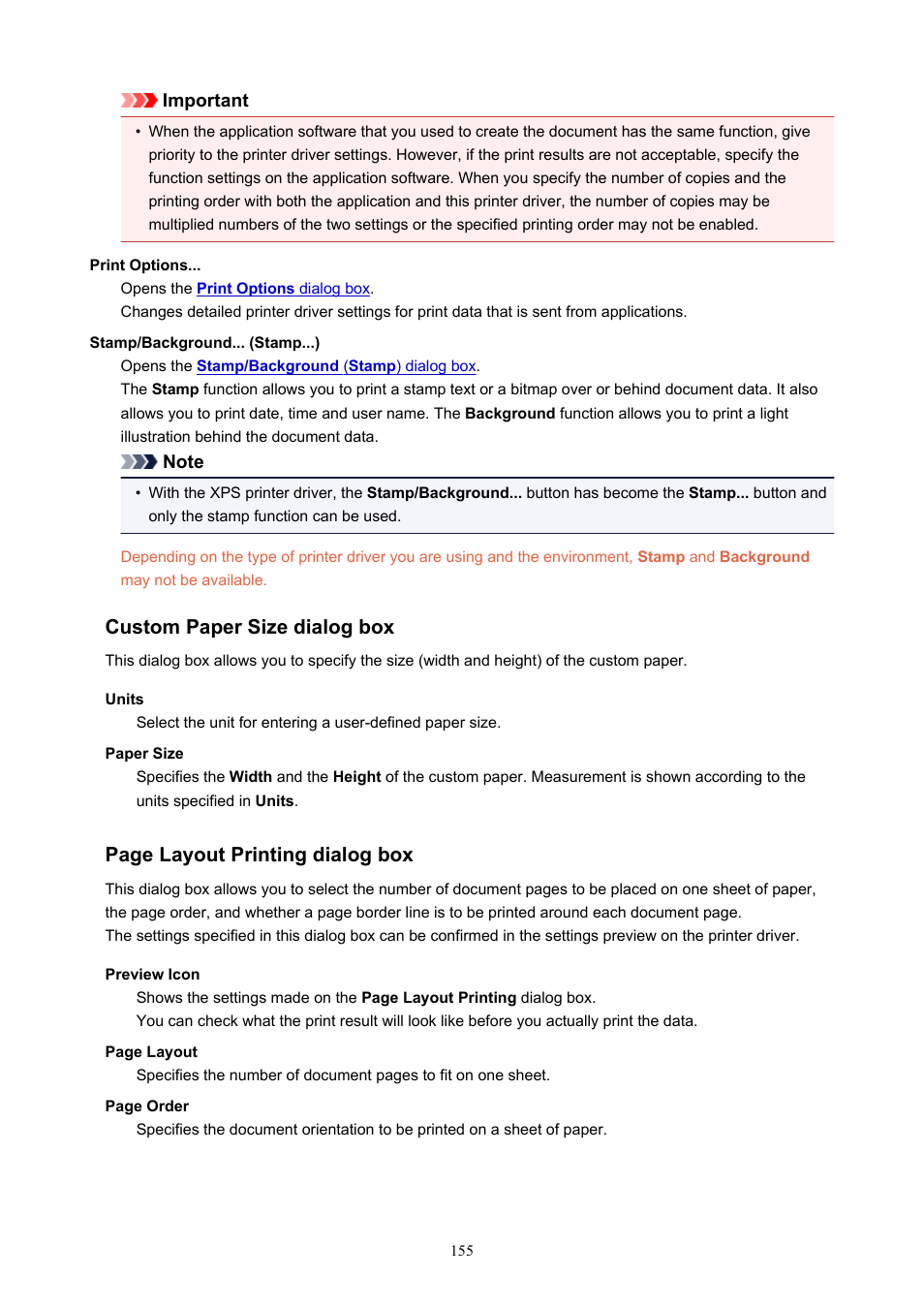 Then in the, Dialog box, Custom paper size | Opens and allows you to specify any, Opens the, Custom paper size dialog box, Page layout printing dialog box | Canon PIXMA TS202 Inkjet Printer User Manual | Page 155 / 245