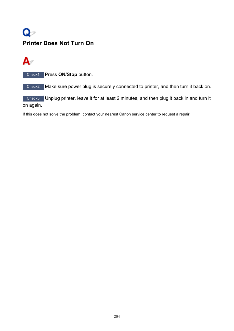 Printer does not turn on | Canon PIXMA TS202 Inkjet Printer User Manual | Page 204 / 245