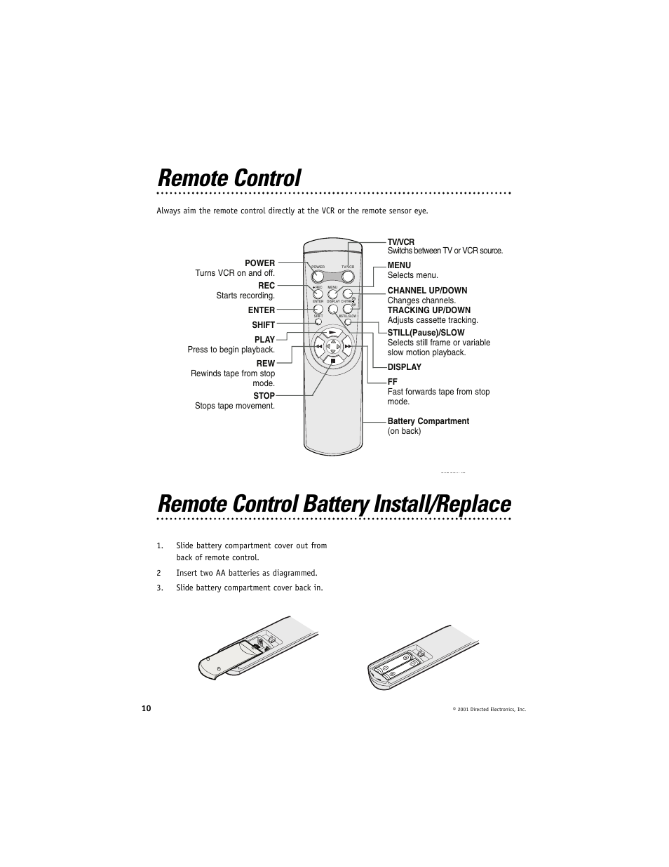 Remote control, Remote control battery install/replace | Directed Electronics Directed Video VC2050 User Manual | Page 10 / 18