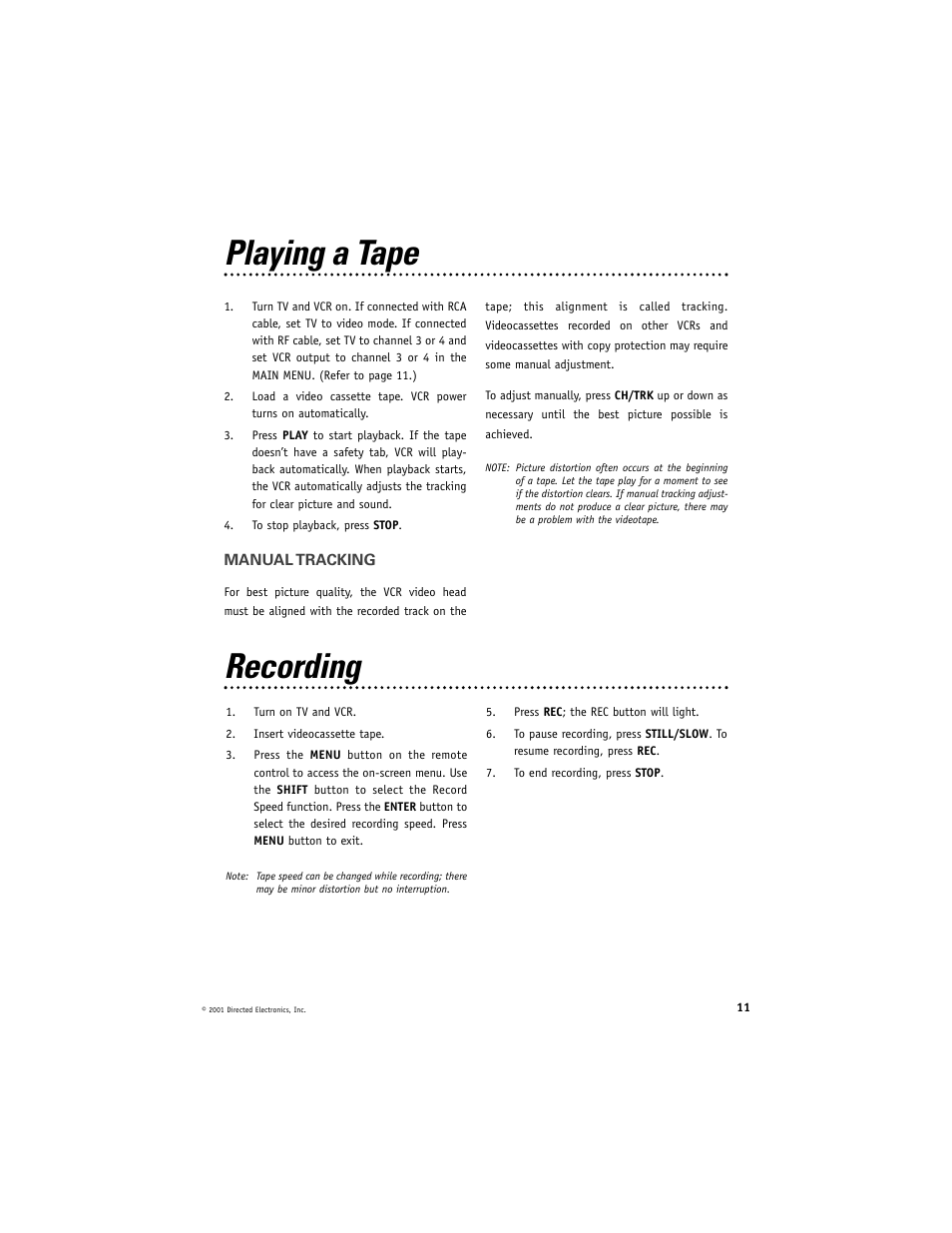 Playing a tape, Recording | Directed Electronics Directed Video VC2050 User Manual | Page 11 / 18