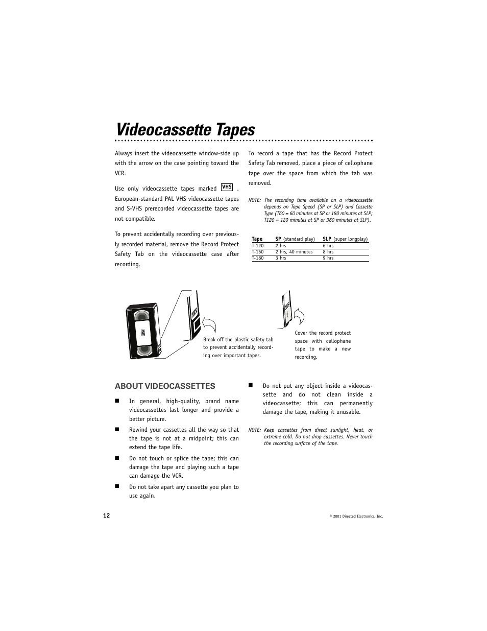 Videocassette tapes, About videocassettes | Directed Electronics Directed Video VC2050 User Manual | Page 12 / 18