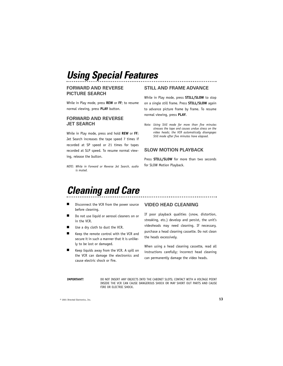 Cleaning and care, Using special features | Directed Electronics Directed Video VC2050 User Manual | Page 13 / 18