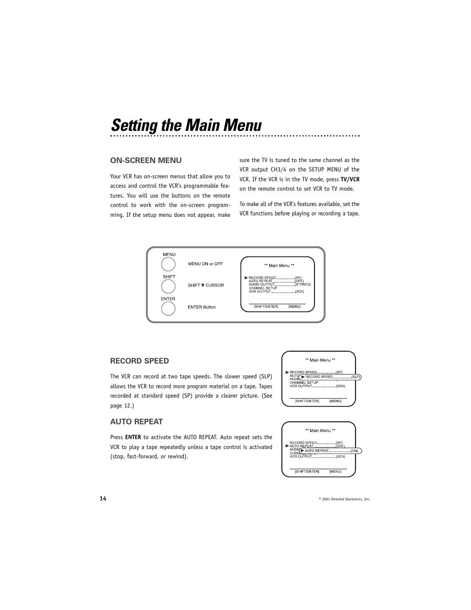 Setting the main menu | Directed Electronics Directed Video VC2050 User Manual | Page 14 / 18