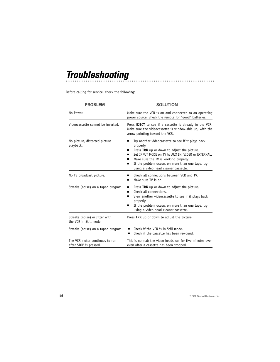 Troubleshooting | Directed Electronics Directed Video VC2050 User Manual | Page 16 / 18