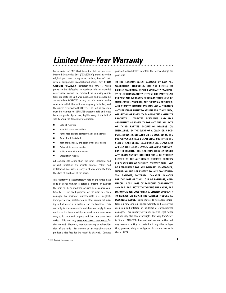 Limited one-year warranty | Directed Electronics Directed Video VC2050 User Manual | Page 3 / 18
