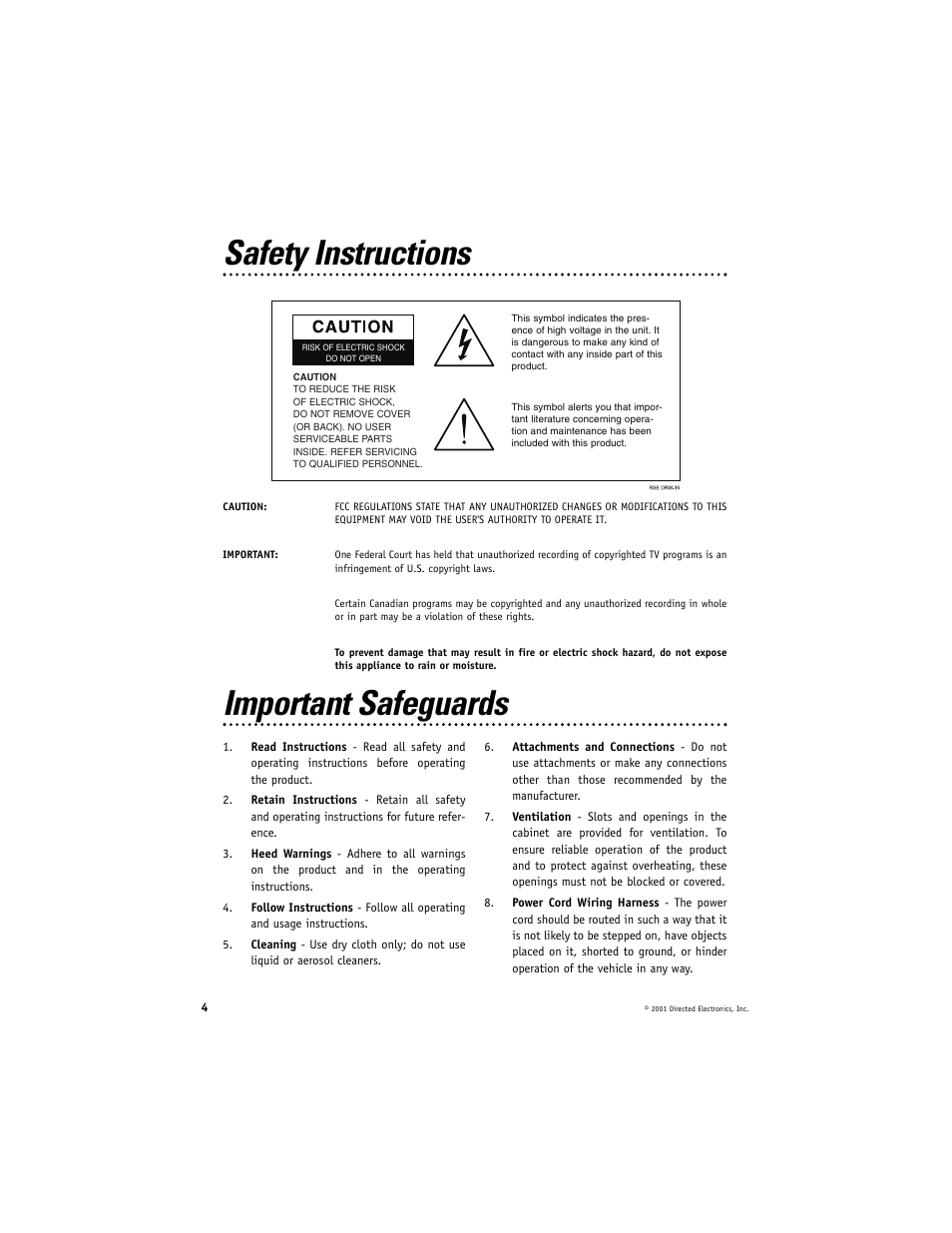 Safety instructions, Important safeguards | Directed Electronics Directed Video VC2050 User Manual | Page 4 / 18