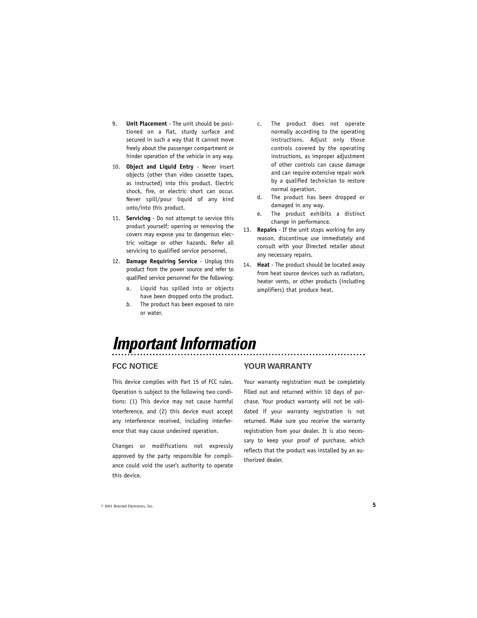 Important information | Directed Electronics Directed Video VC2050 User Manual | Page 5 / 18