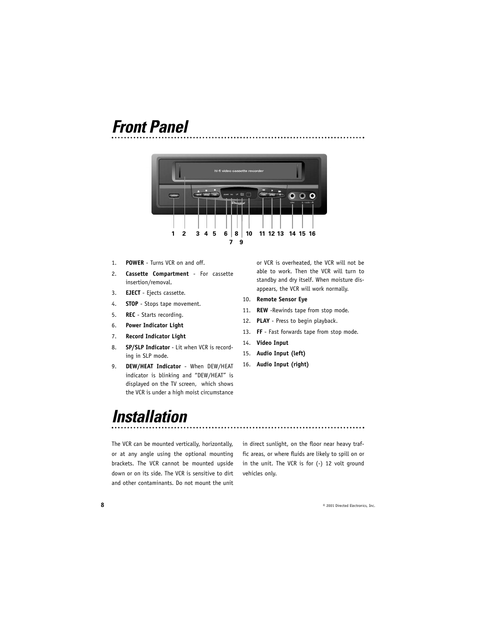 Front panel installation | Directed Electronics Directed Video VC2050 User Manual | Page 8 / 18