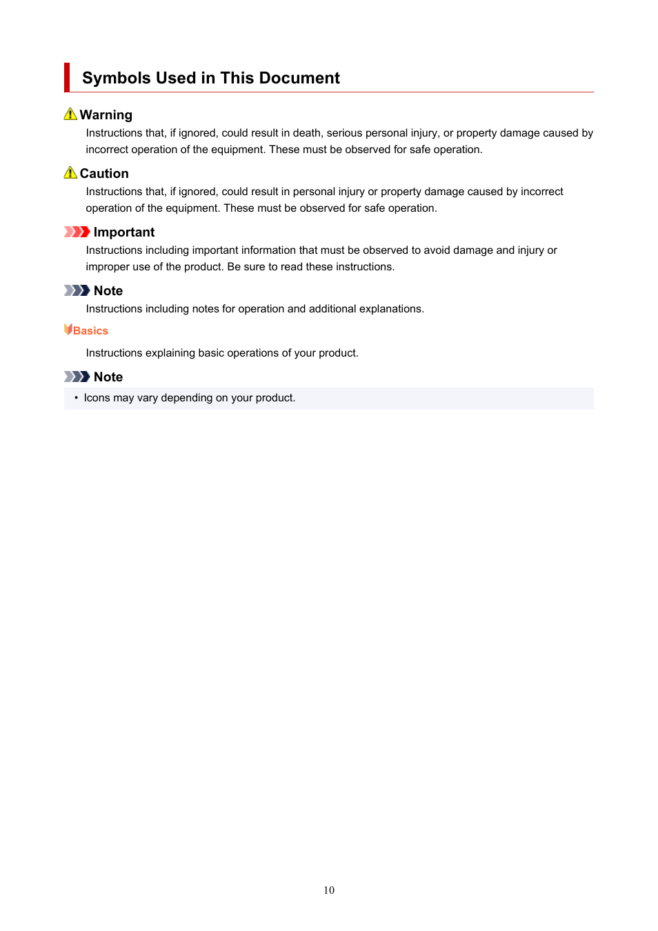 Symbols used in this document | Canon PIXMA G5020 Wireless MegaTank Printer User Manual | Page 10 / 422