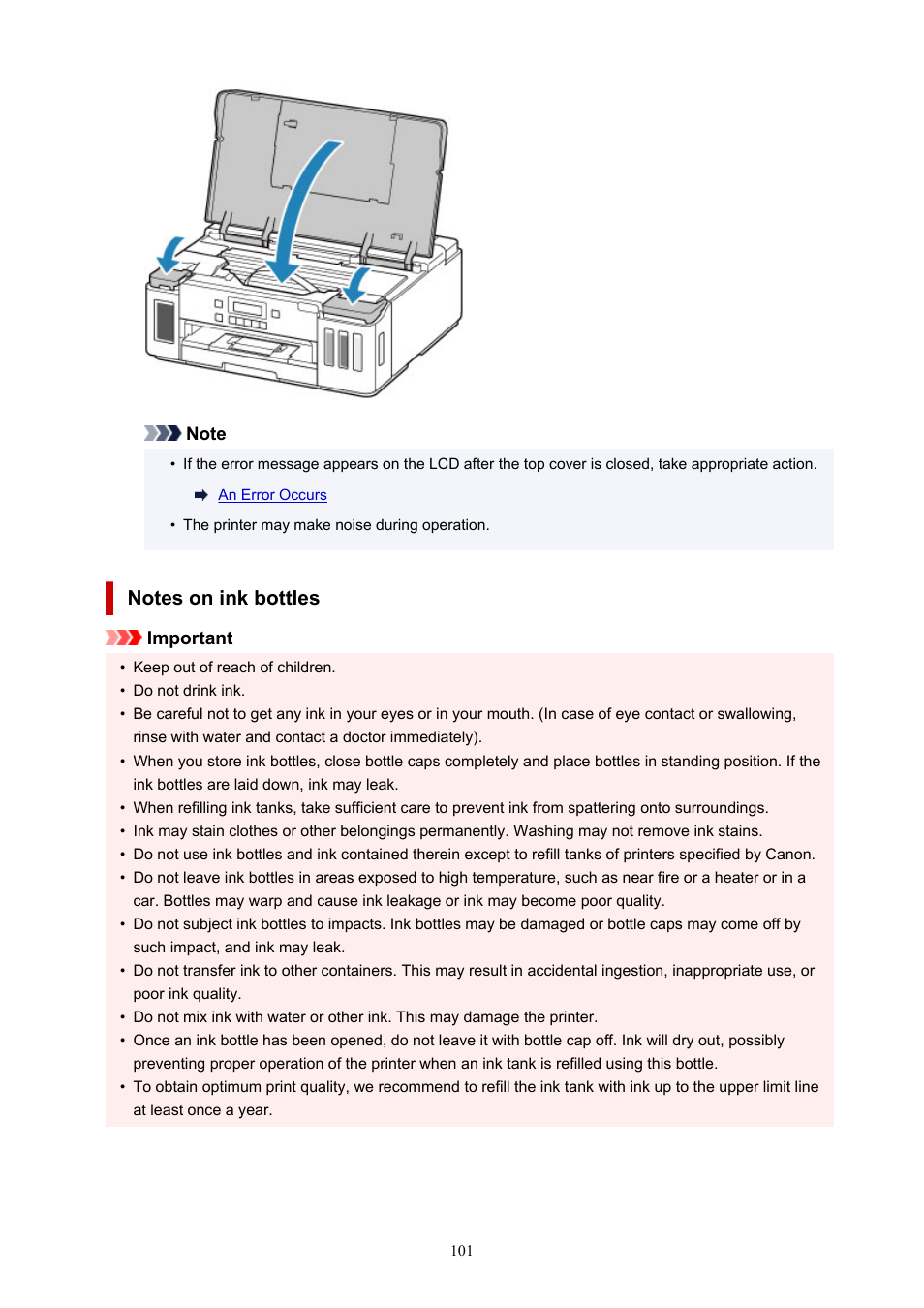 Notes on ink bottles | Canon PIXMA G5020 Wireless MegaTank Printer User Manual | Page 101 / 422