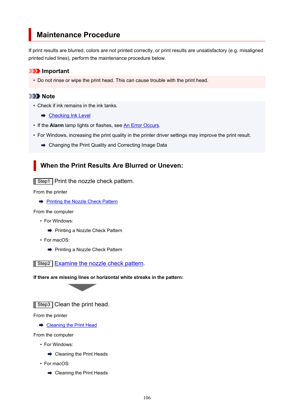 Maintenance procedure, Maintenance, Procedure | When the print results are blurred or uneven | Canon PIXMA G5020 Wireless MegaTank Printer User Manual | Page 106 / 422