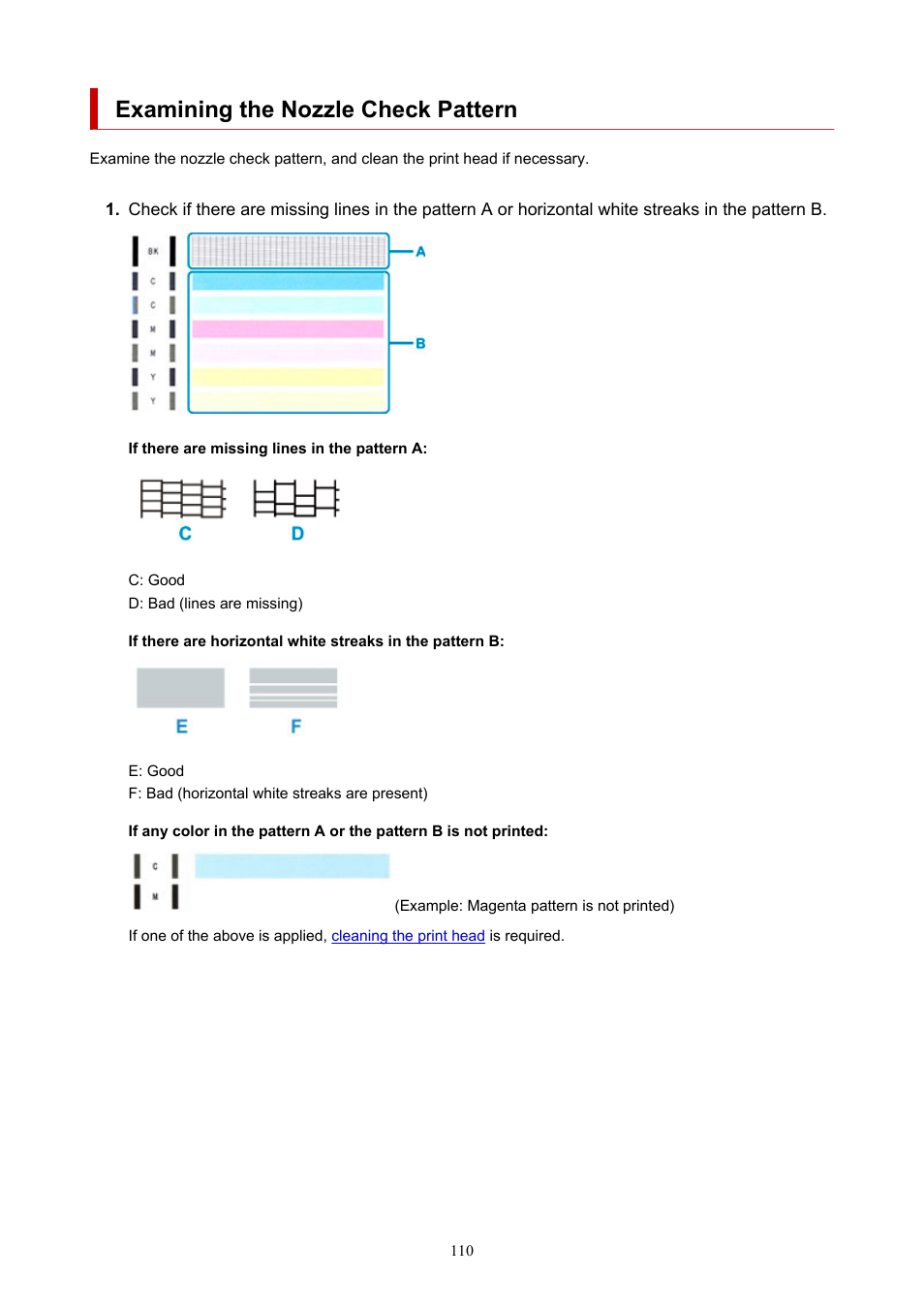 Examining the nozzle check pattern, Examine the nozzle check pattern | Canon PIXMA G5020 Wireless MegaTank Printer User Manual | Page 110 / 422