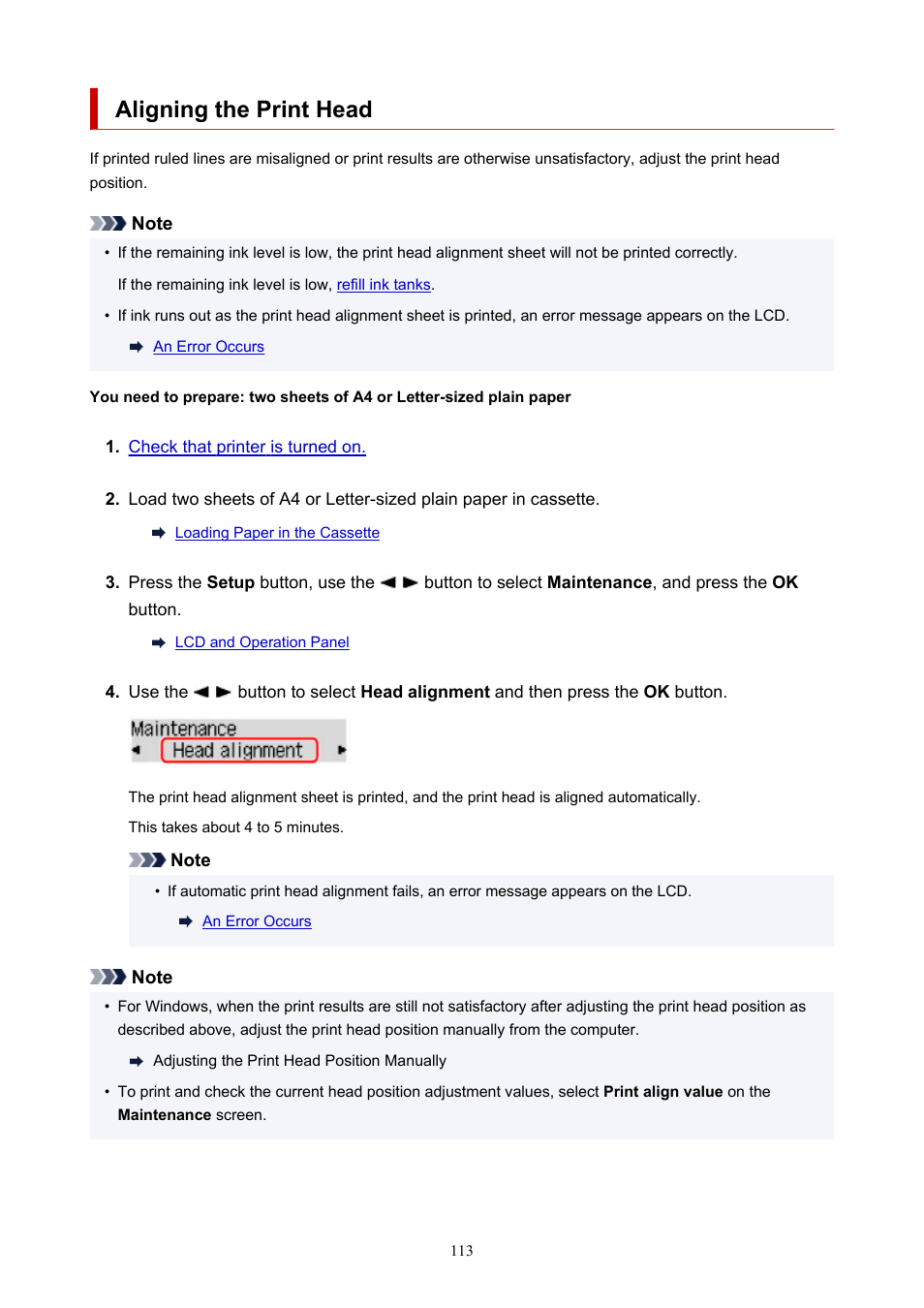Aligning the print head | Canon PIXMA G5020 Wireless MegaTank Printer User Manual | Page 113 / 422