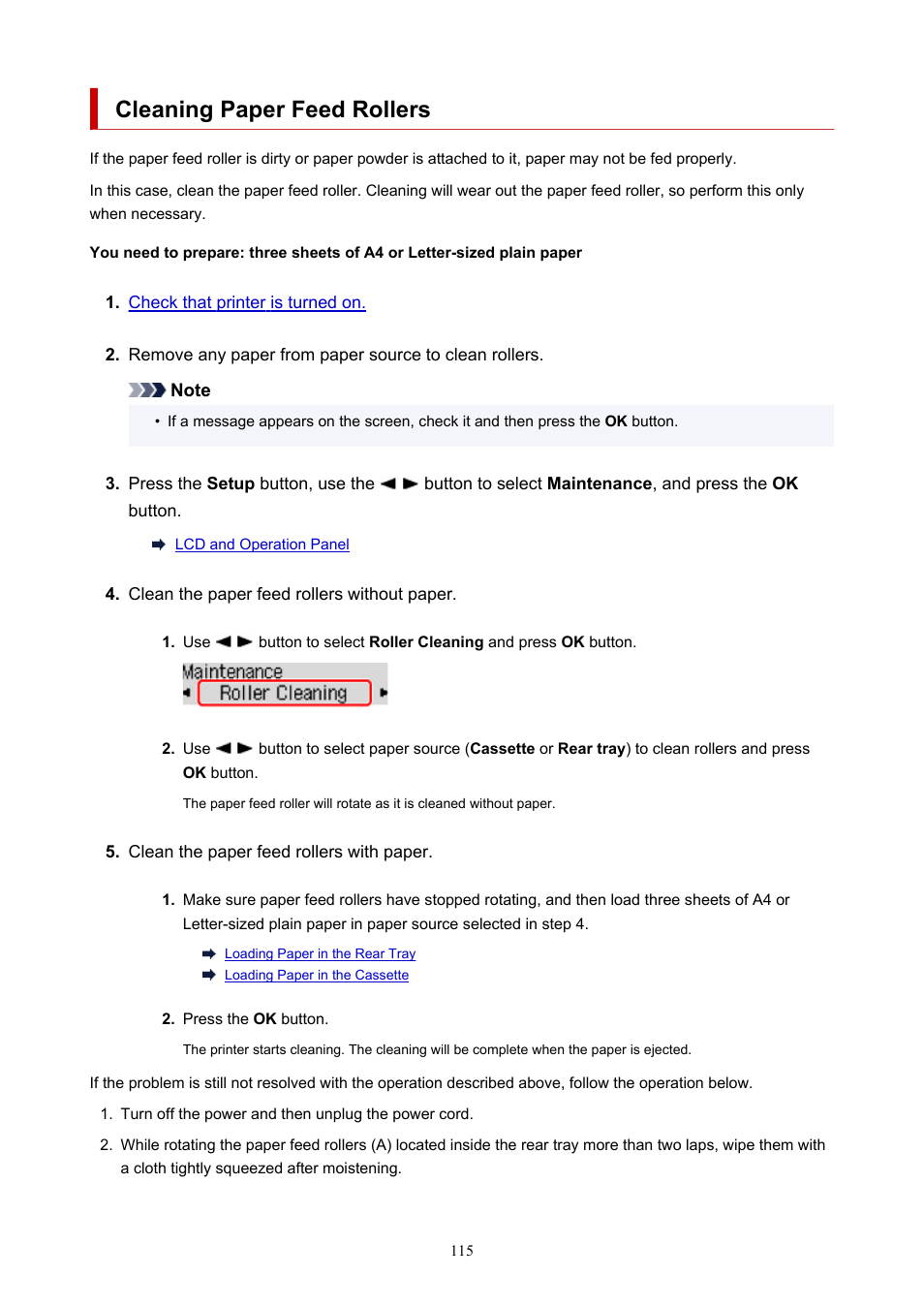 Cleaning paper feed rollers | Canon PIXMA G5020 Wireless MegaTank Printer User Manual | Page 115 / 422