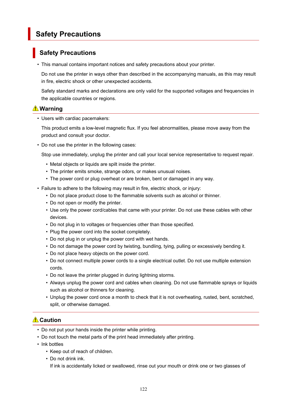 Safety precautions | Canon PIXMA G5020 Wireless MegaTank Printer User Manual | Page 122 / 422