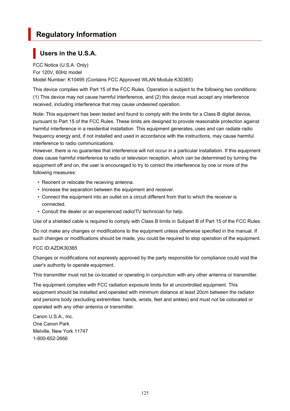 Regulatory information | Canon PIXMA G5020 Wireless MegaTank Printer User Manual | Page 125 / 422