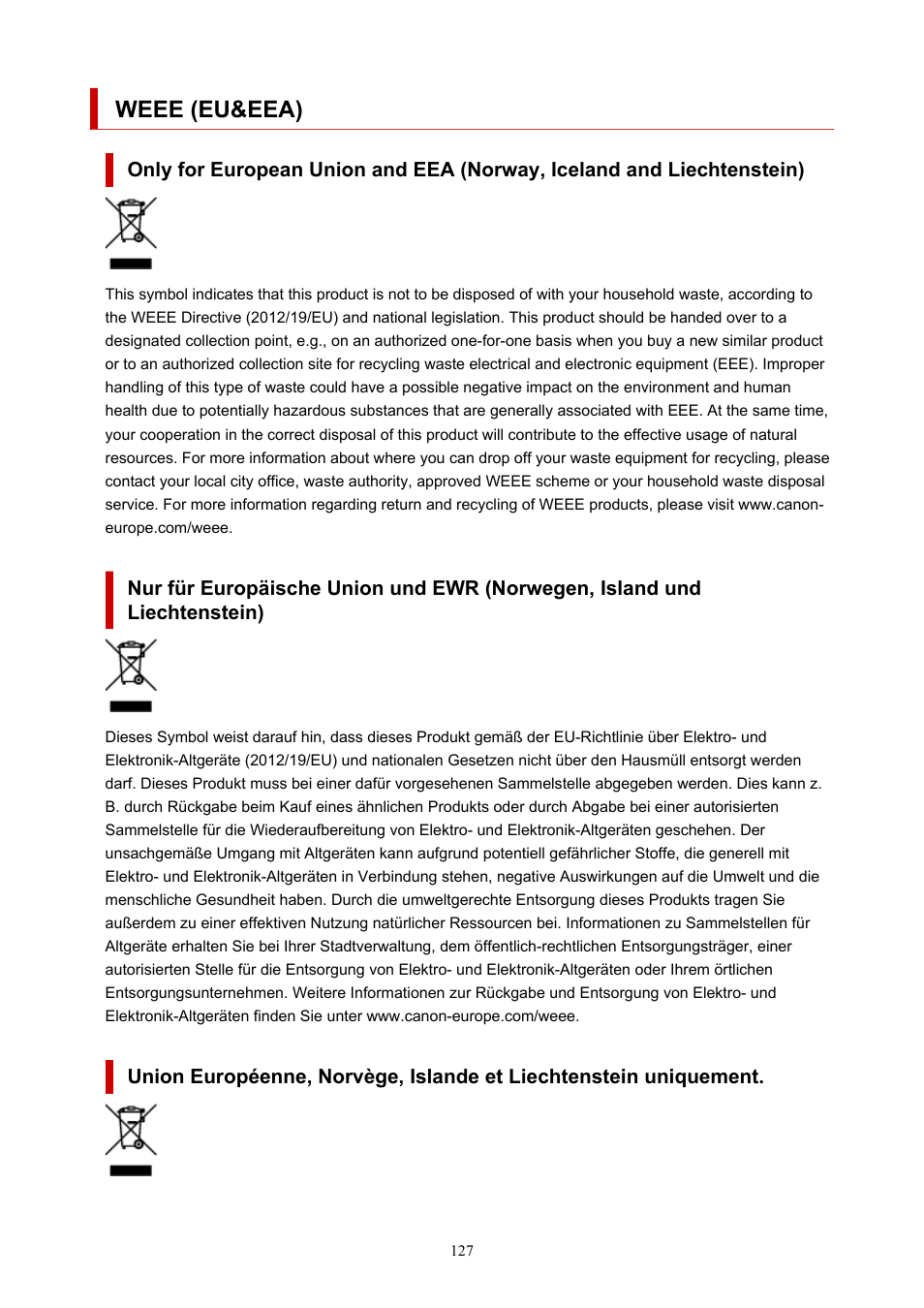 Weee (eu&eea), Weee (eu & eea) | Canon PIXMA G5020 Wireless MegaTank Printer User Manual | Page 127 / 422