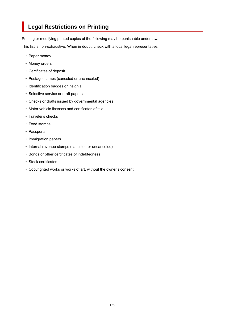 Legal restrictions on printing | Canon PIXMA G5020 Wireless MegaTank Printer User Manual | Page 139 / 422