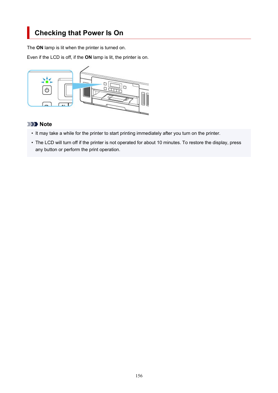 Checking that power is on, Check that printer is turned on | Canon PIXMA G5020 Wireless MegaTank Printer User Manual | Page 156 / 422
