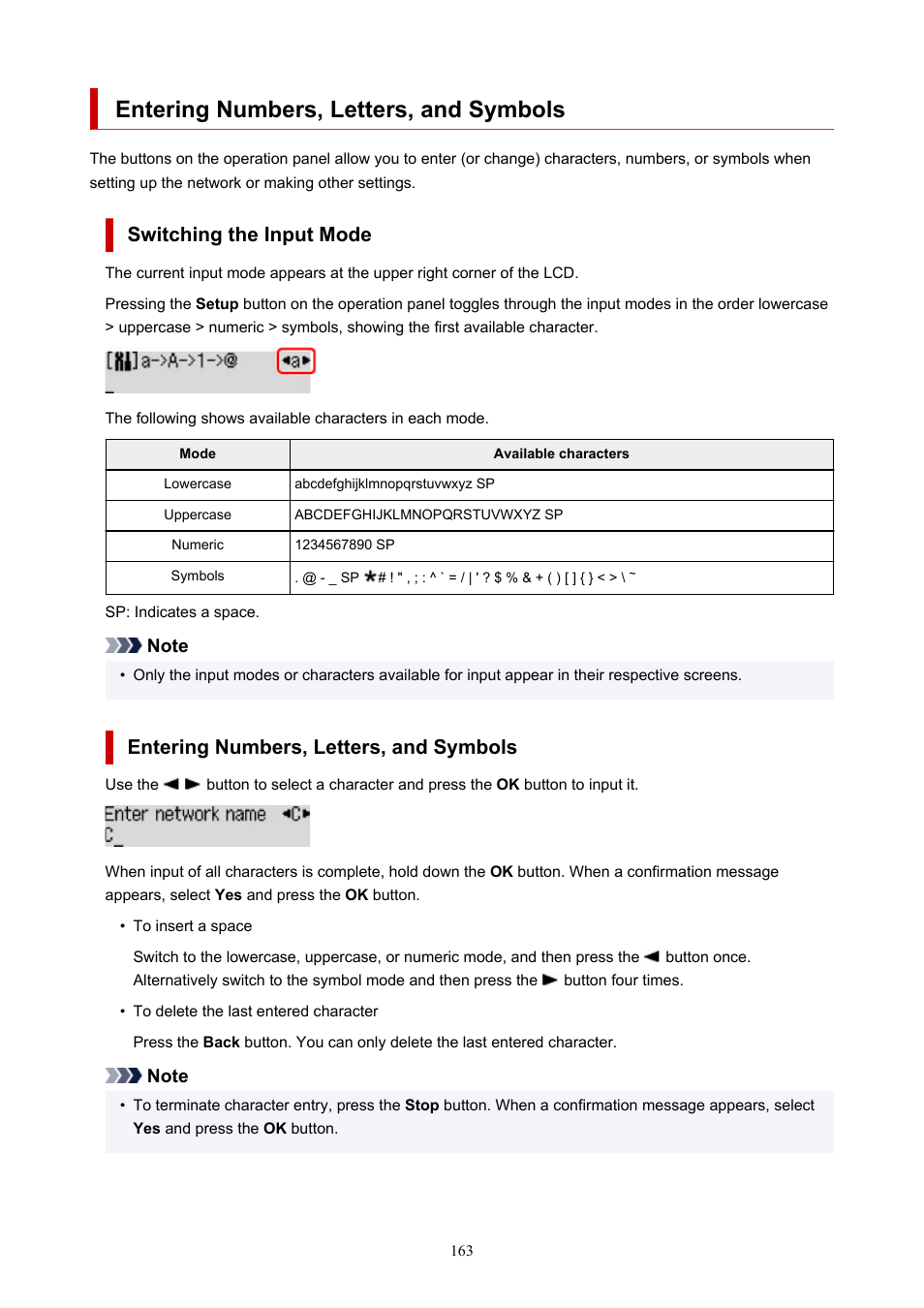 Entering numbers, letters, and symbols, Switching the input mode | Canon PIXMA G5020 Wireless MegaTank Printer User Manual | Page 163 / 422