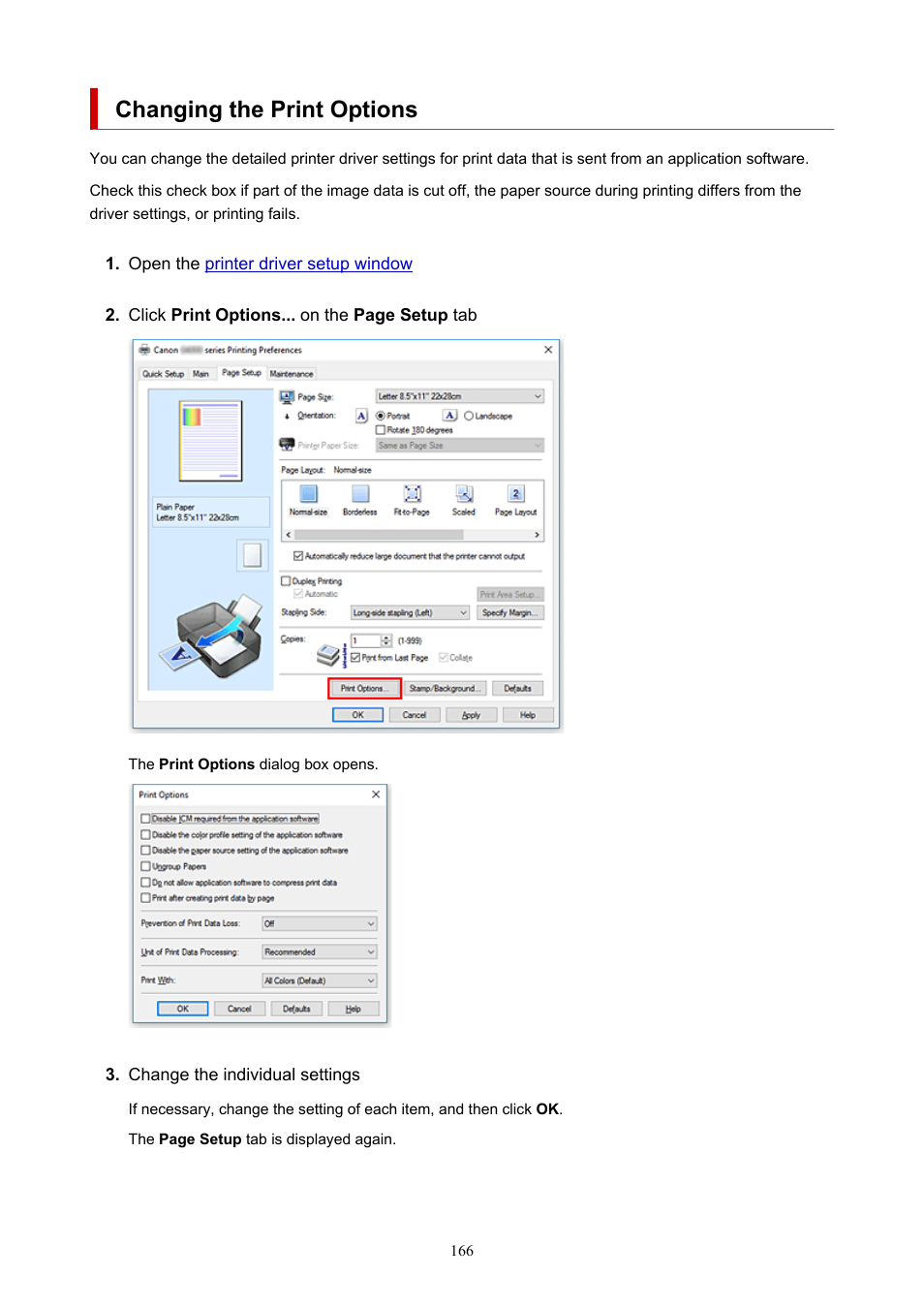 Changing the print options | Canon PIXMA G5020 Wireless MegaTank Printer User Manual | Page 166 / 422