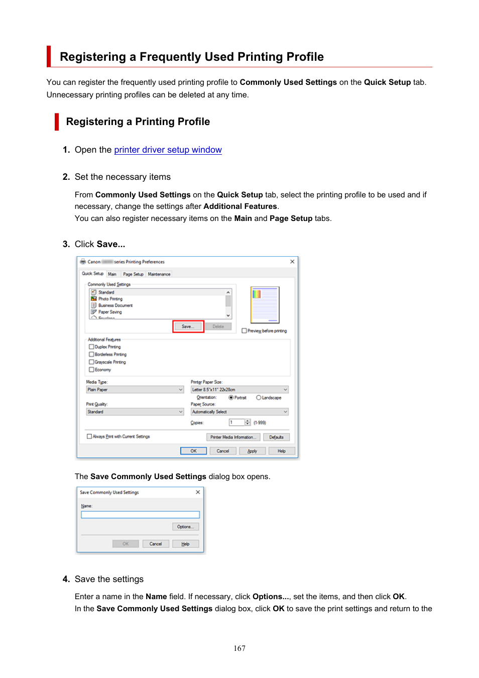 Registering a frequently used printing profile, Registering a printing profile | Canon PIXMA G5020 Wireless MegaTank Printer User Manual | Page 167 / 422