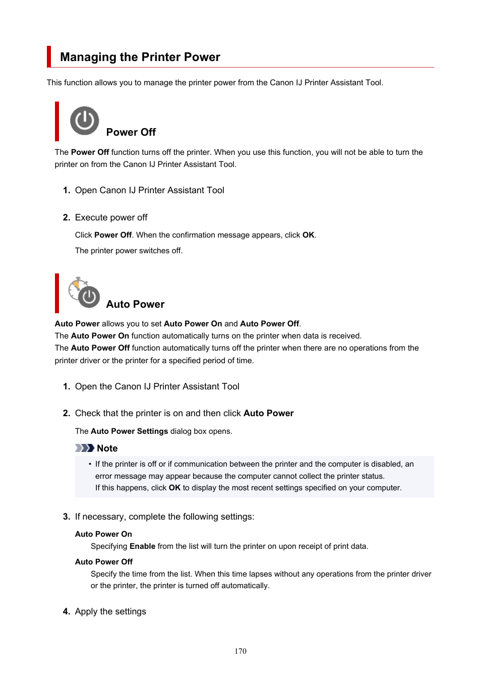Managing the printer power, Power off, Auto power | Canon PIXMA G5020 Wireless MegaTank Printer User Manual | Page 170 / 422