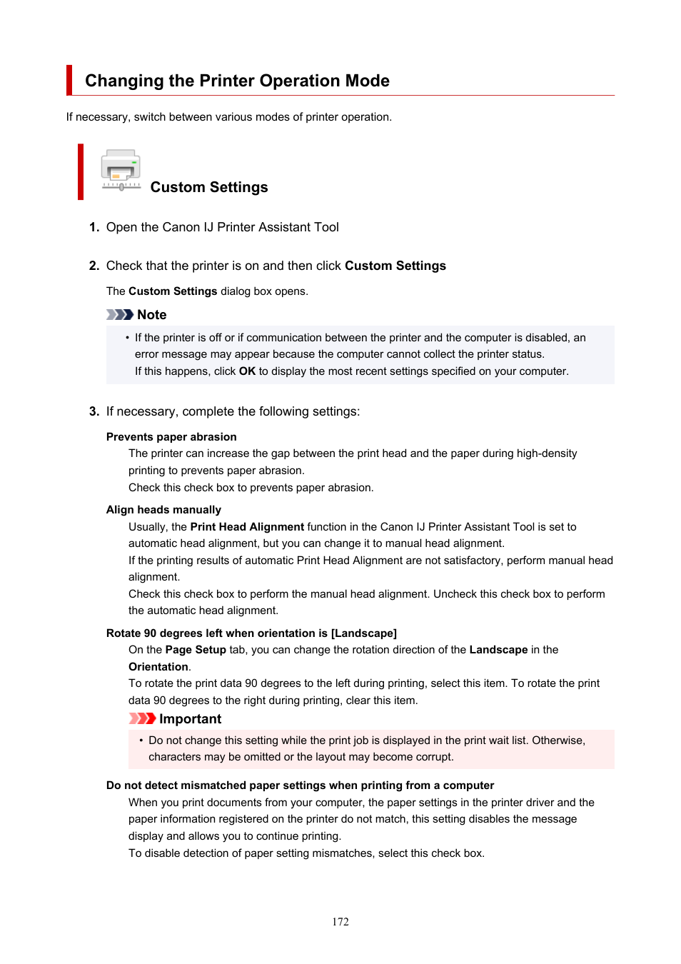 Changing the printer operation mode, Custom settings | Canon PIXMA G5020 Wireless MegaTank Printer User Manual | Page 172 / 422