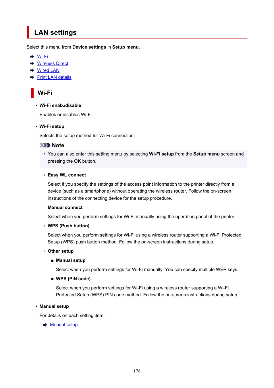 Lan settings, Wi-fi | Canon PIXMA G5020 Wireless MegaTank Printer User Manual | Page 178 / 422