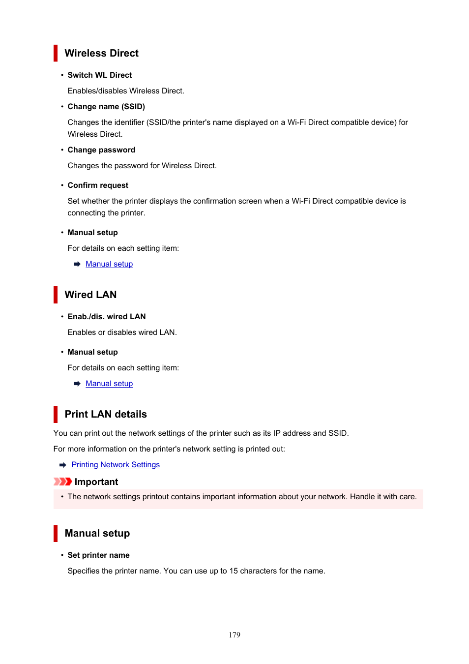 Wireless direct, Wired lan, Print lan details | Manual setup | Canon PIXMA G5020 Wireless MegaTank Printer User Manual | Page 179 / 422
