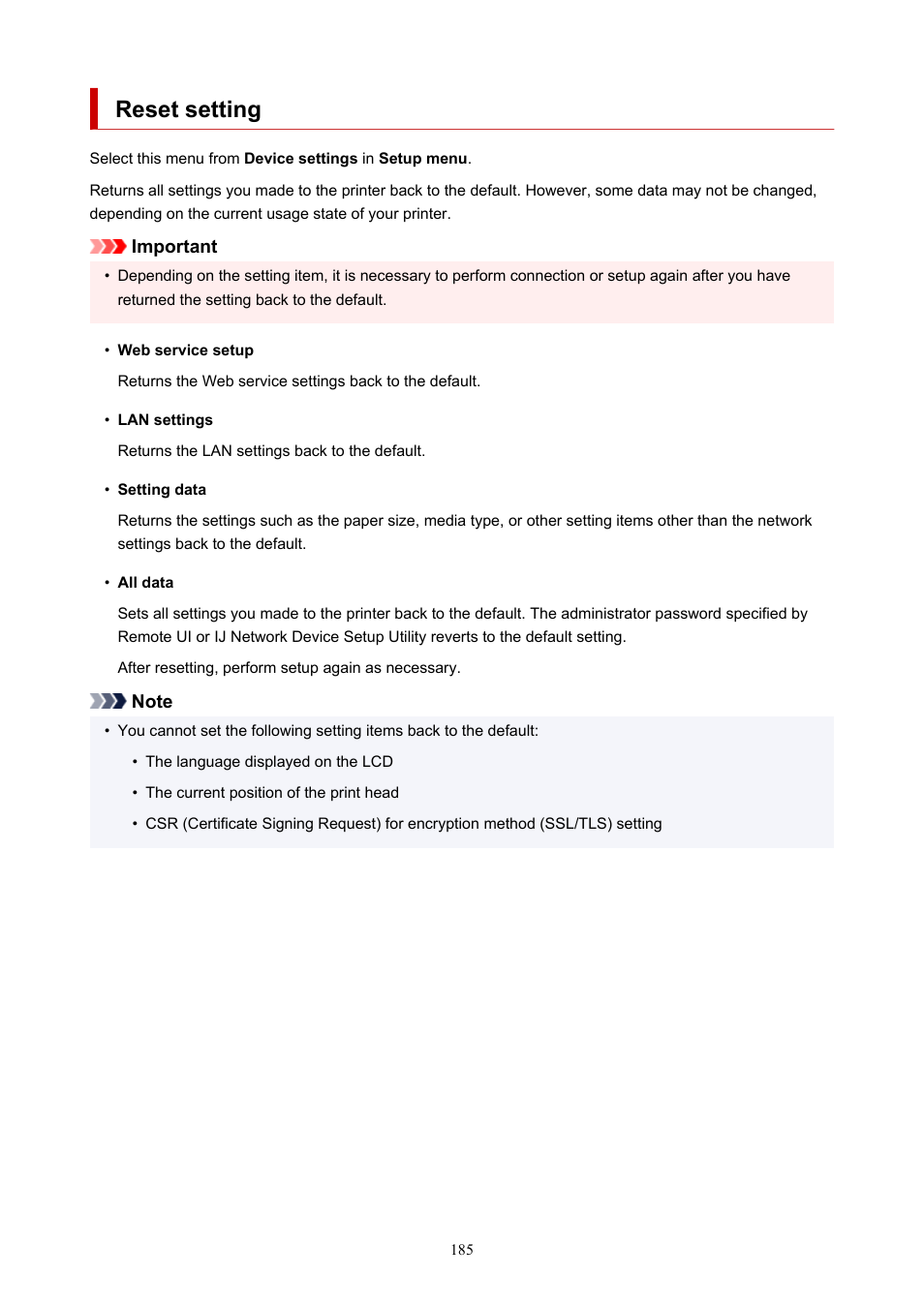 Reset setting | Canon PIXMA G5020 Wireless MegaTank Printer User Manual | Page 185 / 422