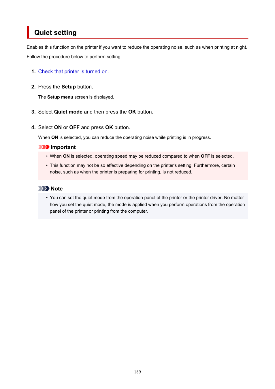 Quiet setting | Canon PIXMA G5020 Wireless MegaTank Printer User Manual | Page 189 / 422