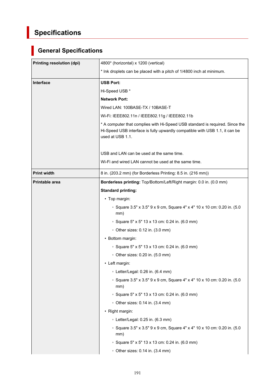 Specifications, General specifications | Canon PIXMA G5020 Wireless MegaTank Printer User Manual | Page 191 / 422