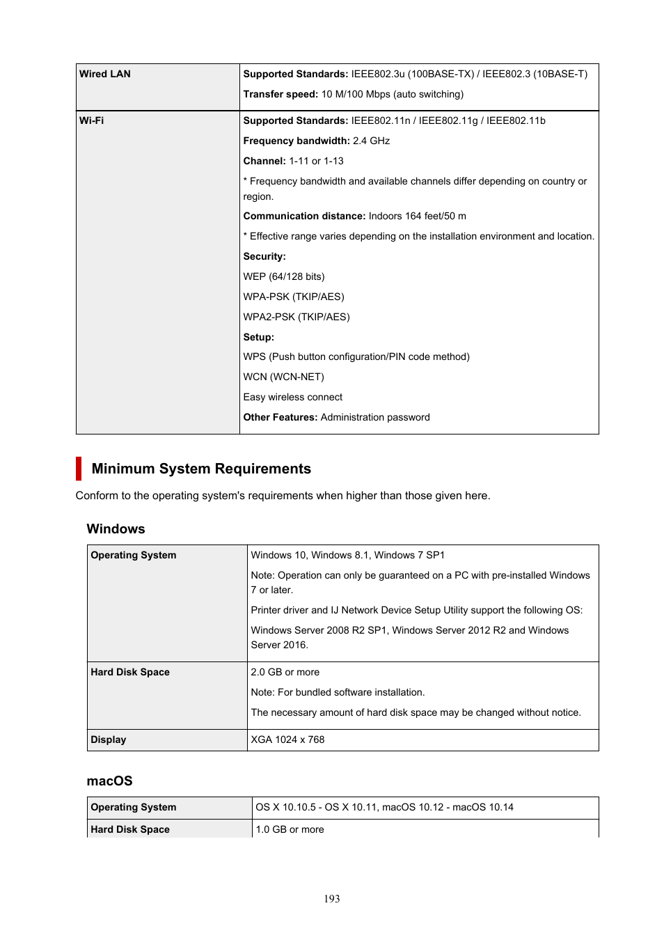 Minimum system requirements, Windows, Macos | Canon PIXMA G5020 Wireless MegaTank Printer User Manual | Page 193 / 422