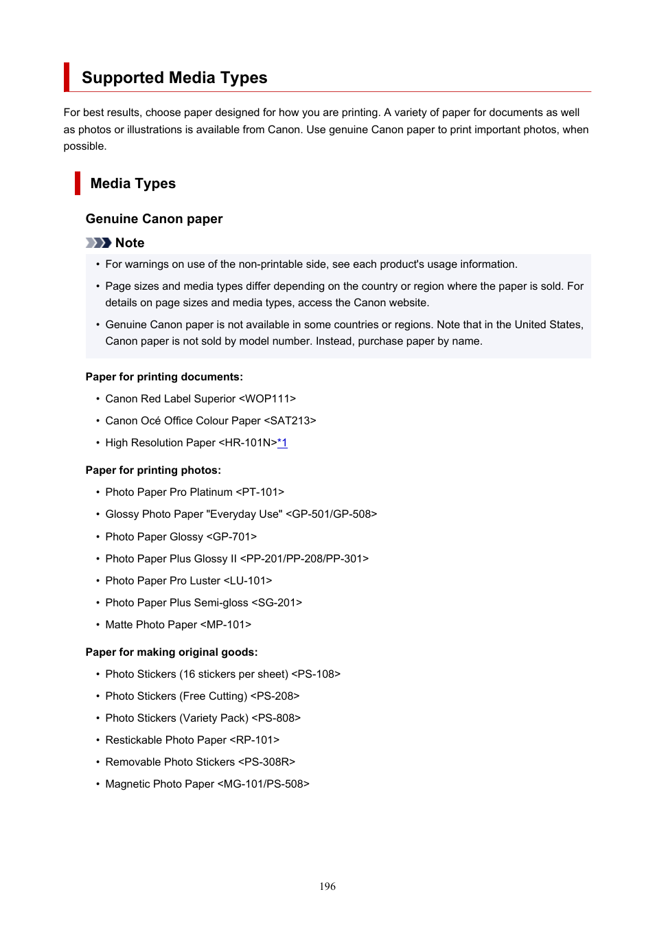 Supported media types, Genuine paper, see, Printer, see | Canon PIXMA G5020 Wireless MegaTank Printer User Manual | Page 196 / 422