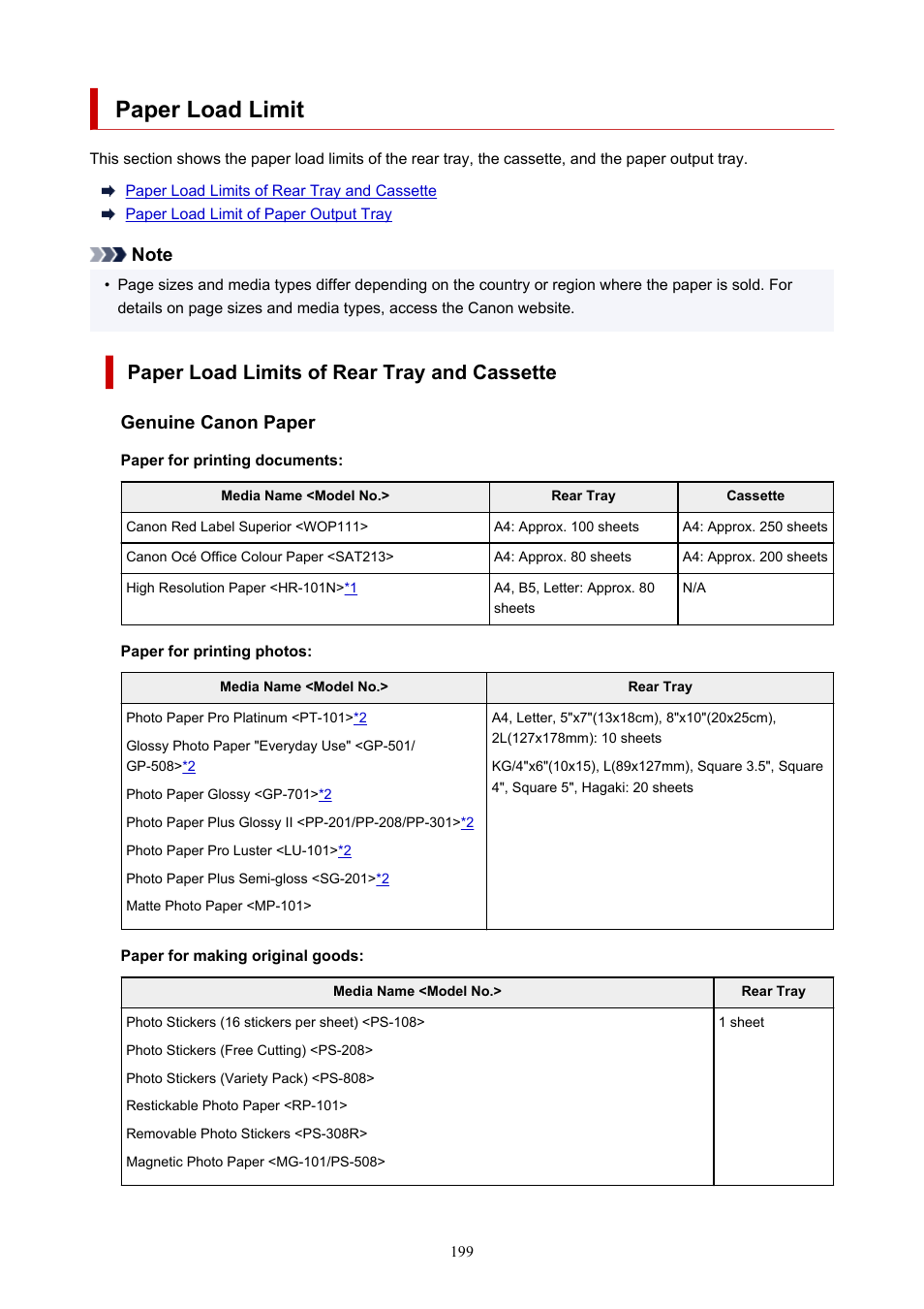 Paper load limit, Paper load limits of rear tray and cassette, Genuine canon paper | Canon PIXMA G5020 Wireless MegaTank Printer User Manual | Page 199 / 422