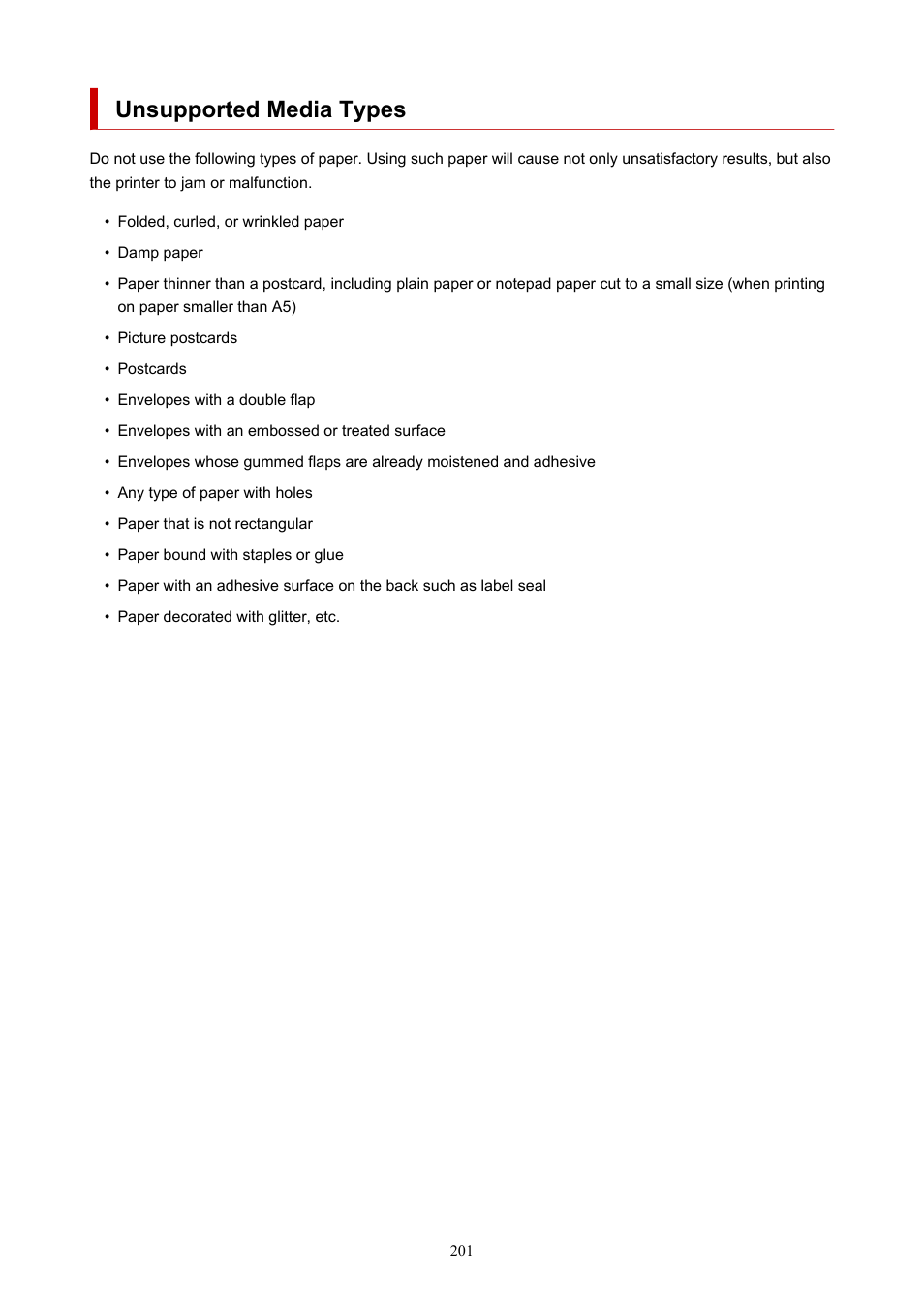 Unsupported media types | Canon PIXMA G5020 Wireless MegaTank Printer User Manual | Page 201 / 422