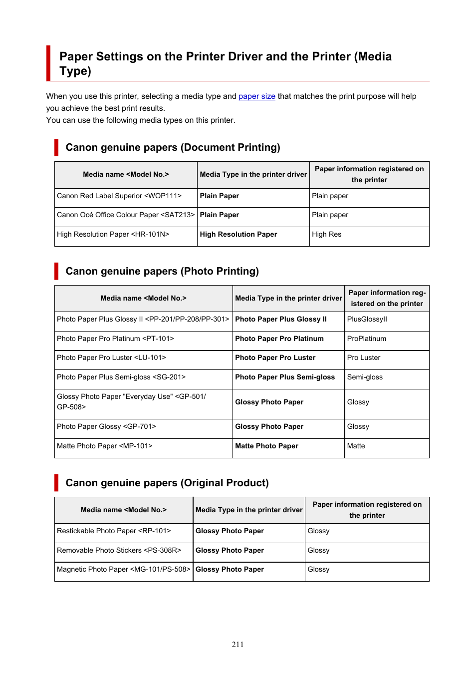 Windows), Canon genuine papers (document printing), Canon genuine papers (photo printing) | Canon genuine papers (original product) | Canon PIXMA G5020 Wireless MegaTank Printer User Manual | Page 211 / 422