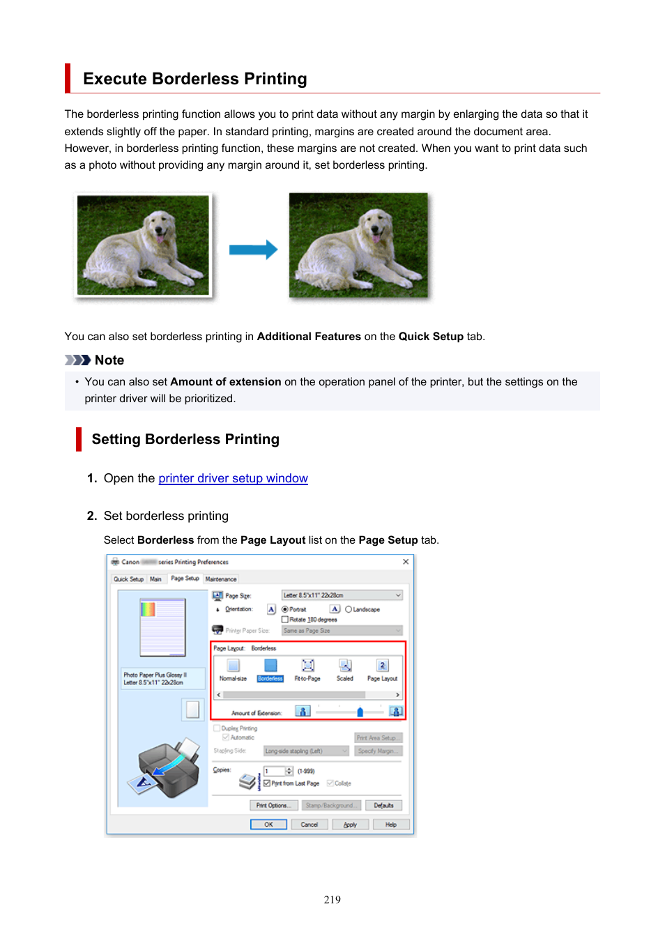 Execute borderless printing, Setting borderless printing | Canon PIXMA G5020 Wireless MegaTank Printer User Manual | Page 219 / 422