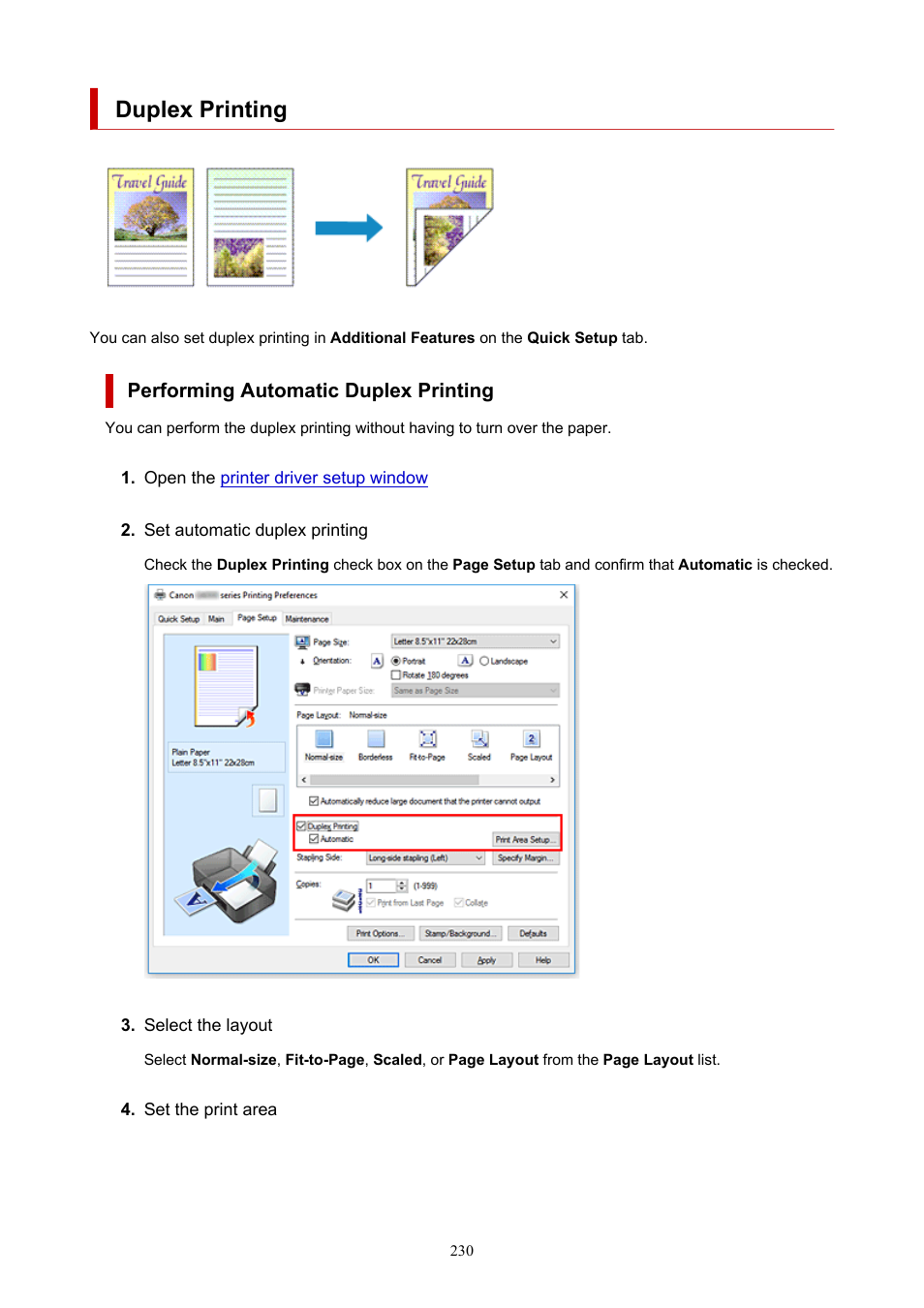 Duplex printing, Performing automatic duplex printing | Canon PIXMA G5020 Wireless MegaTank Printer User Manual | Page 230 / 422