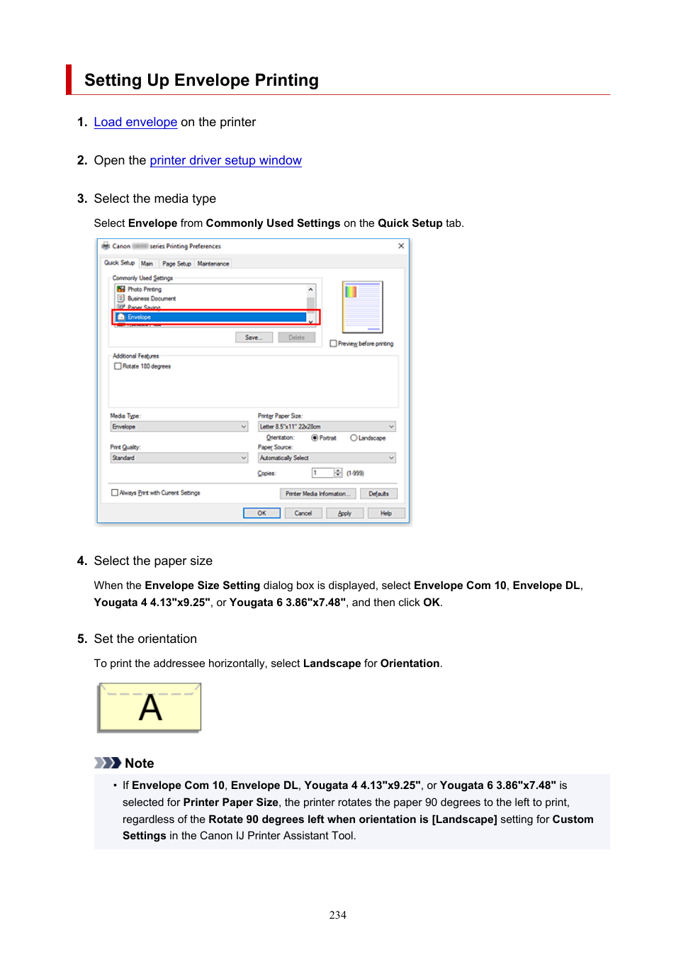 Setting up envelope printing | Canon PIXMA G5020 Wireless MegaTank Printer User Manual | Page 234 / 422