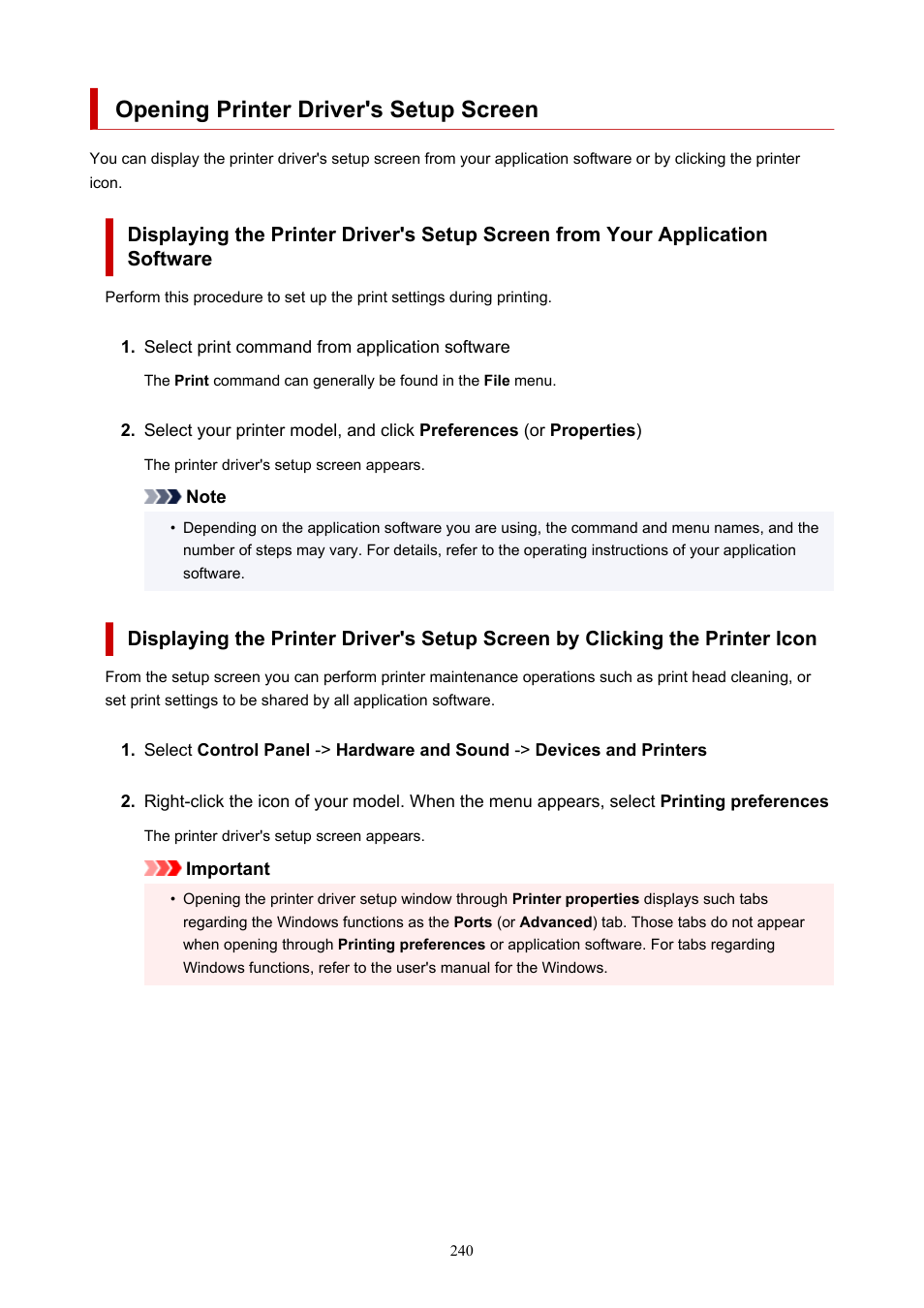 Opening printer driver's setup screen, Printer driver's setup screen, Printer driver setup window | Canon PIXMA G5020 Wireless MegaTank Printer User Manual | Page 240 / 422