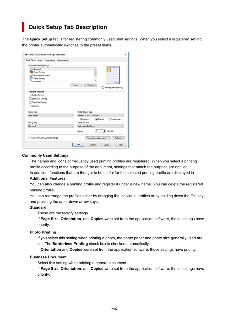 Quick setup tab description, This section describes settings on the, Quick setup | Used for basic printing | Canon PIXMA G5020 Wireless MegaTank Printer User Manual | Page 246 / 422