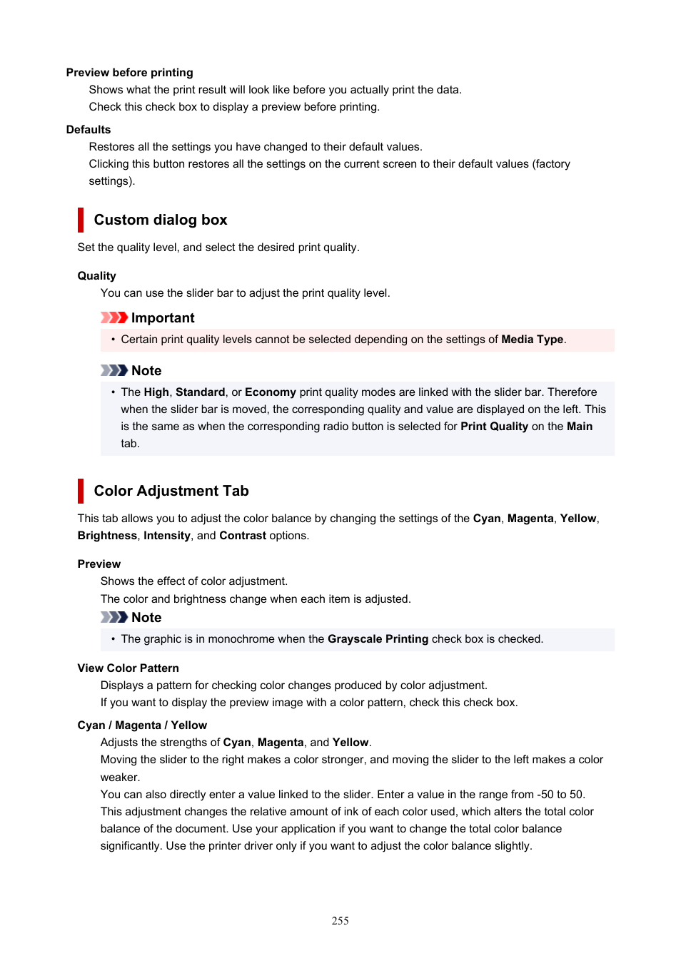 To open the, Custom, Dialog box | And then specify the desired, Open the, On the, Color adjustment, Custom dialog box, Color adjustment tab | Canon PIXMA G5020 Wireless MegaTank Printer User Manual | Page 255 / 422