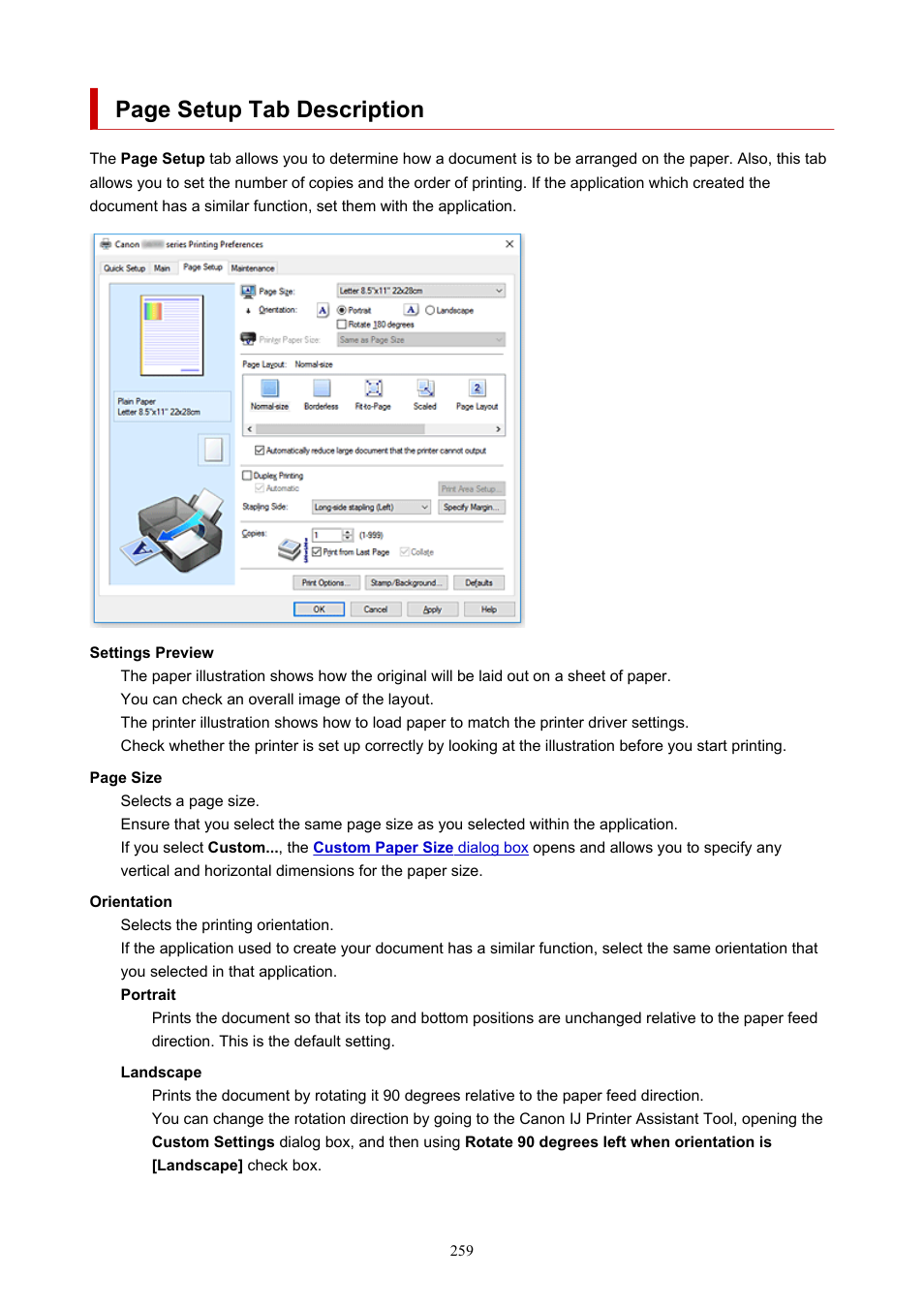Page setup tab description | Canon PIXMA G5020 Wireless MegaTank Printer User Manual | Page 259 / 422
