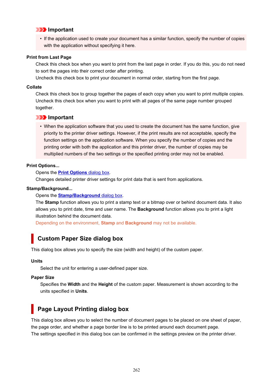 Then in the, Dialog box, Custom paper size | Opens and allows you to specify any, Opens the, Custom paper size dialog box, Page layout printing dialog box | Canon PIXMA G5020 Wireless MegaTank Printer User Manual | Page 262 / 422