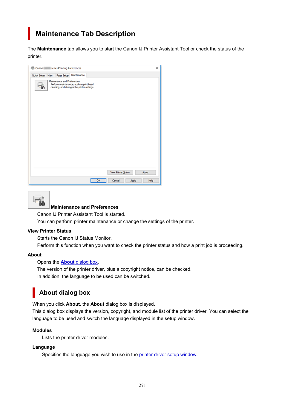 Maintenance tab description, About dialog box | Canon PIXMA G5020 Wireless MegaTank Printer User Manual | Page 271 / 422